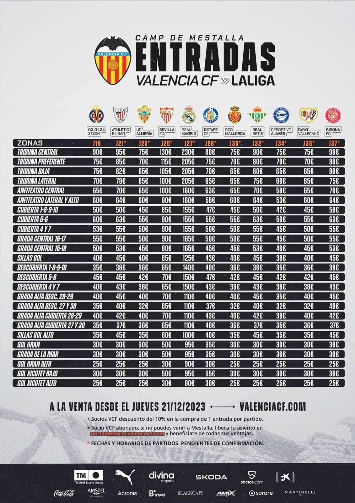 Entradas Valencia CF  Comprar entradas para todos los partidos